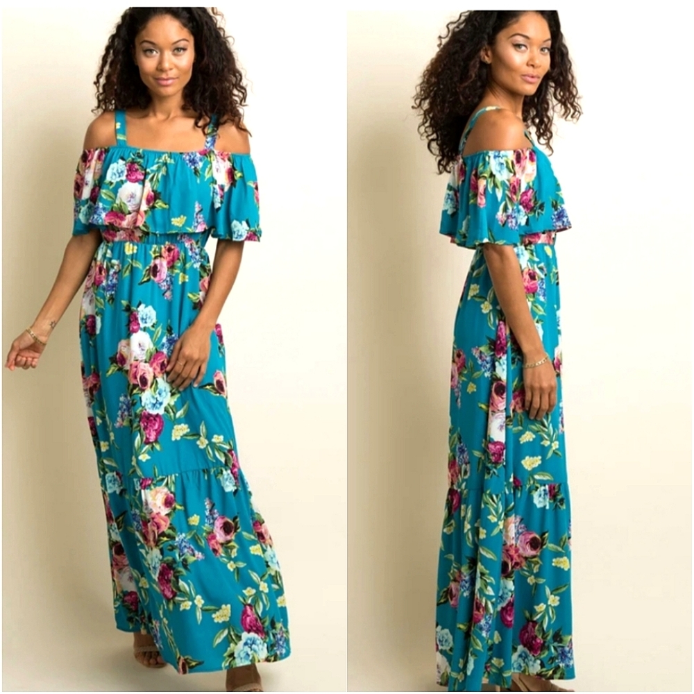PINKBLUSH Teal Open Shoulder Ruffle Maxi Dress ~ NWT